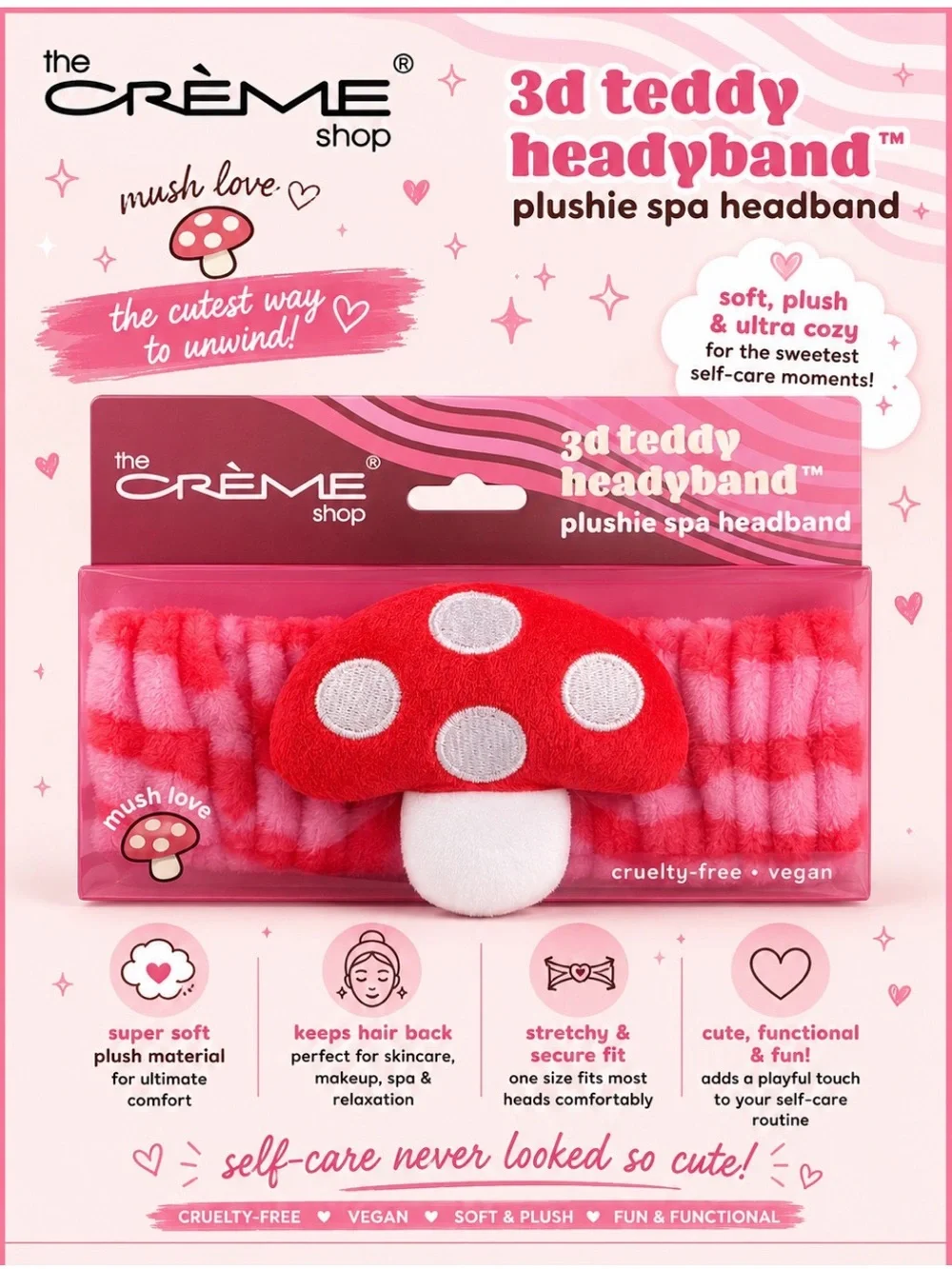 The Crème Shop Pink 3D Teddy Mushroom Plushie Spa Headband - Mush Love 🍄